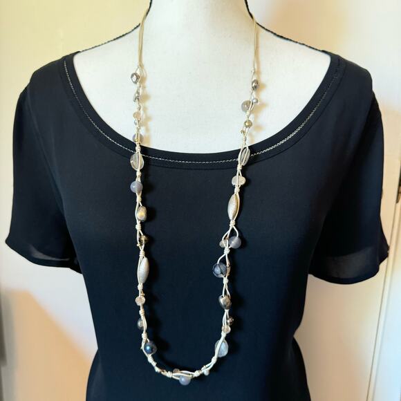 Nakamol Knotted Pearlized Leather Glass Bead Necklace Gray Tones Neutral Boho - Picture 11 of 14